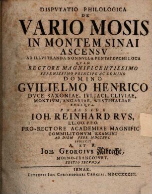 Disputatio Philologica De Vario Mosis In Montem Sinai Ascensu : Ad Illustranda Nonnulla Pentateuchi Loca