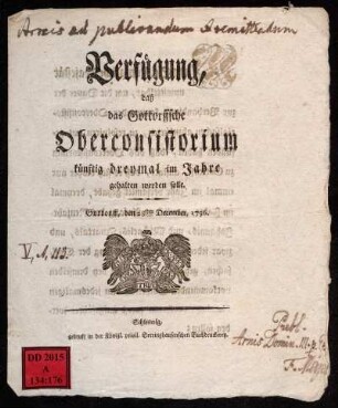 Verfügung, daß das Gottorffsche Oberconsistorium künftig dreymal im Jahre gehalten werden solle : Gottorff, den 28ten December 1796