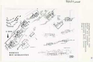 Wohnen mit Kurgästen (Diplomarbeit bei Willy Kreuer): Grundriss Ausschnitt C, Grundriss Heizwerk, Ansichten von Südosten, Nordosten und Schnitte 1:200