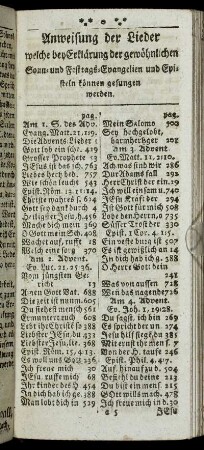 Anweisung der Lieder welche bey Erklärung der gewöhnlichen Sonn- und Festtags-Evangelien und Episteln können gesungen werden.