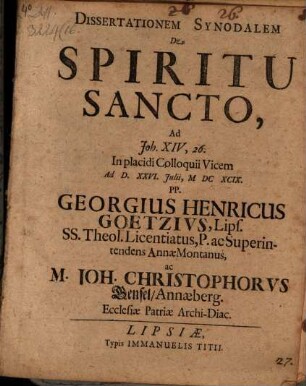 Disserationem synodalem de Spiritu Sancto, ad Joh. XIV, 26