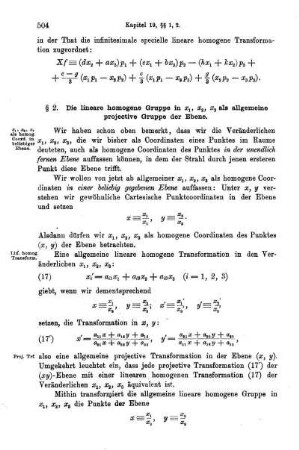 § 2. Die lineare homogene Gruppe in x1, x2, x3 als allgemeine projective Gruppe der Ebene.