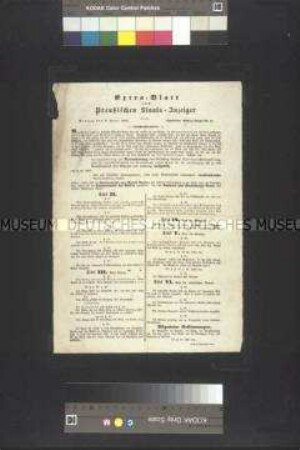 Maueranschlaag: Extra-Blatt zum Preußischen Staats-Anzeiger nothwendig. Fingiertes Extrablatt zum Verfassungsentwurf; Berlin, 9. Juni 1848