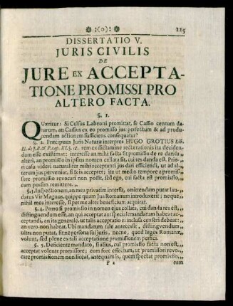 Disseratio V. Juris Civilis De Jure Ex Acceptatione Promissi Pro Altero Facta
