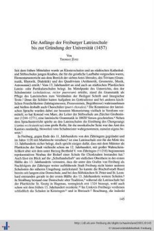 Die Anfänge der Freiburger Lateinschule bis zur Gründung der Universität 1457.