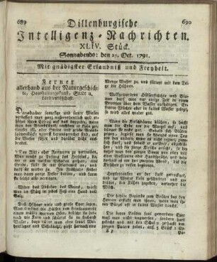 XLIV. Stück. Sonnabends: den 29. Oct. 1791.