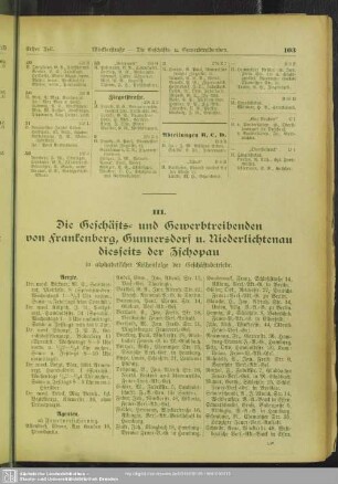 III. Berufsklassen und Gewerbebetriebe : III. Die Geschäfts-und Gewerbtreibenden von Frankenberg, Cunnersdorf u. Niederlichtenau diesseits der Zschopau