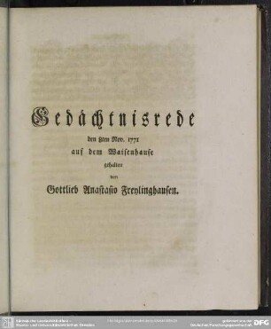 Gedächtnisrede den 8ten Nov. 1771 auf dem Waisenhause gehalten