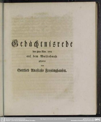 Gedächtnisrede den 8ten Nov. 1771 auf dem Waisenhause gehalten