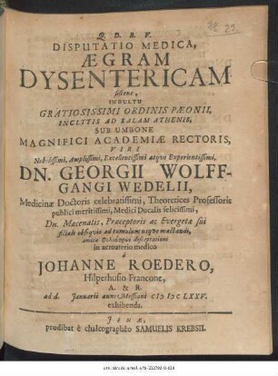 Disputatio Medica, Aegram Dysentericam sistens