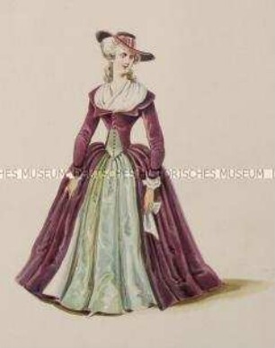 Frau im violetten Kleid mit grünem Untergewand und weißem Brusttuch - Tafel aus Franceschini/Kostümbilder (Kassette 2)