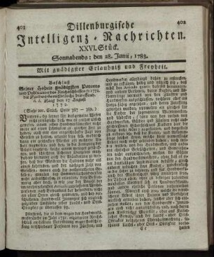 XXVI. Stück. Sonnabends: den 28. Junii, 1783.