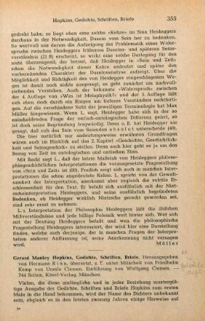 355-360 [Rezension] Hopkins, Gerard Manley, Gedichte, Schriften, Briefe