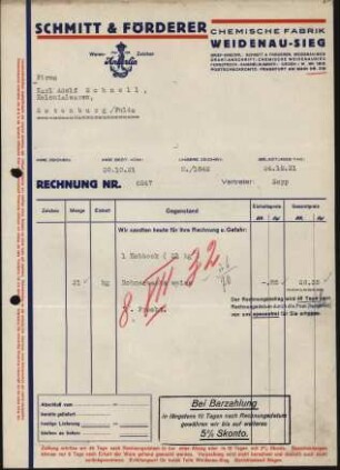 Firmenbriefkopf Schmidt & Förderer, Chemisch -Technische, Fabrik Weidenau - Sieg