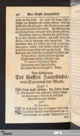 Bey Erklärung Des fünfften Hauptstückes / vom Sacrament des Altars.
