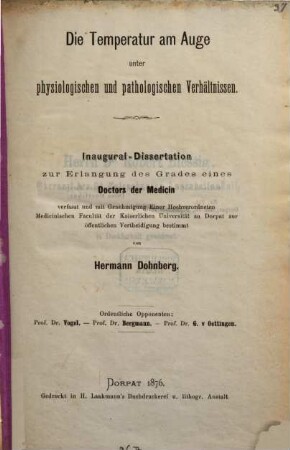 Die Temperatur am Auge unter physiologischen und pathologischen Verhältnissen : Inaugural-Dissertation