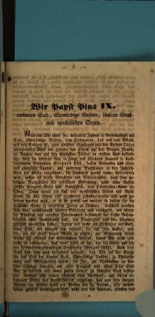 Rundschreiben Sr. Heiligkeit des Papstes Pius IX. an alle Patriarchen, Primaten, Erzbischöfe und Bischöfe : Aus dem Lateinischen übersetzt. (9. Novemb. im Jahr 1846.)