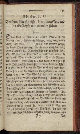 Abschnitt III. Von dem Verhältnisse, in welchem Gott und die Geschöpfe mit einander stehen.