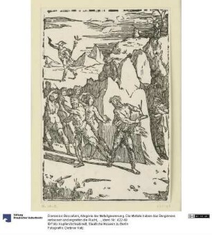 Allegorie der Metallgewinnung. Die Metalle haben das Berginnere verlassen und ergreifen die Flucht, als Vulkan (Hephaistos) sie auffordert, ihm in die Schmiede zu folgen. Aus der Folge "De re metallica".