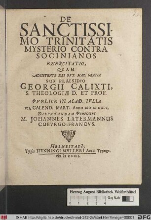 De Sanctissimo Trinitatis Mysterio Contra Socinianos Exercitatio