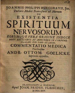 Joannis Philippi Burggravii, jun. De existentia spirituum nervosorum eorumque vera origine indole motu effectibus et affectibus in corpore humano vivo sano et aegro commentatio medica : viro clarissimo Andr. Ottom. Goelicke inprimis opposita