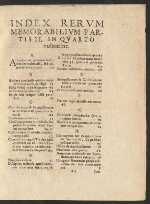 Index Rerum Memorabilium Partis II. In Quarto volumine.