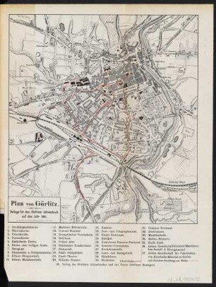 Stadtplan von Görlitz ,ca 1:15 400, Lithographie, 1891 : Plan von Görlitz. - Beilage für das Görlitzer Adressbuch auf das Jahr 1891 - 1:15400. - Görlitz : Weingärtner, 1891. - 1 Kt. ; 19,8 x 21,8 cm. . - Mit Gebäudeverzeichnis. - Mit Darstellung der Pferdebahn