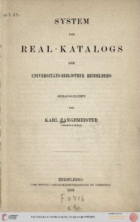 System des Real-Katalogs der Universitätsbibliothek Heidelberg
