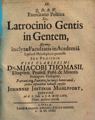 Exercitatio Politica De Latrocinio Gentis in Gentem