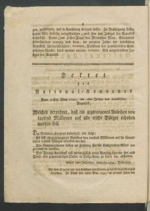 Dekrets des National-Konvents Vom 20sten May 1793 ...
