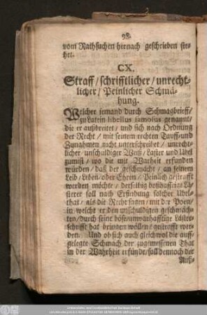 CX. Straff/ schrifftlicher/ unrechtlicher/ Peinlicher Schmähung.