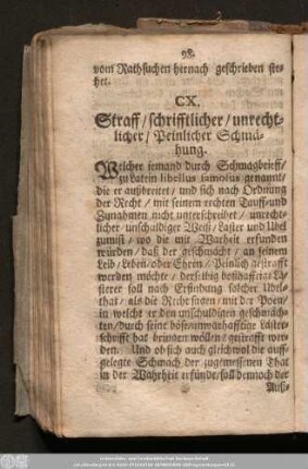 CX. Straff/ schrifftlicher/ unrechtlicher/ Peinlicher Schmähung.