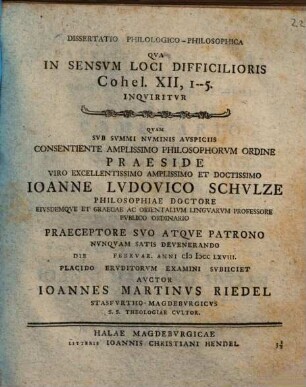 Diss. qua in sensum loci difficilioris Cohel. XII, 1 - 5, inquiritur