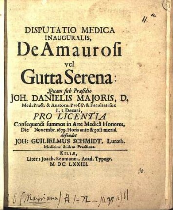 Disputatio Medica Inauguralis, De Amaurosi vel Gutta Serena