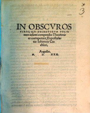 In Obscvros Viros, Qvi Decretorvm Volvmen infami compendio Theutonice corruperunt, Expostulatio Iohannis Cochlaei