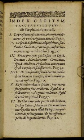 Index Capitum Tractatus De Feudis Stephani Forcatuli.