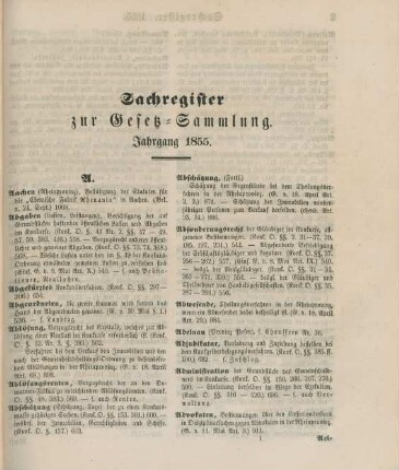 Sachregister zur Gesetz-Sammlung. Jahrgang 1855