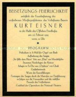 Programmblatt zur Beisetzungsfeier für Kurt Eisner