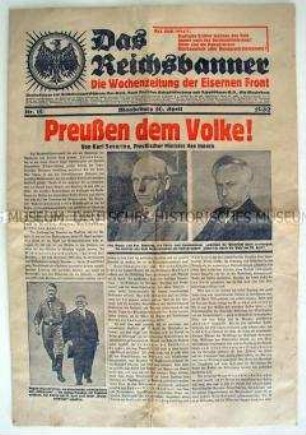 Wochenzeitung "Das Reichsbanner" mit einem Leitartikel von Karl Severing zur preußischen Landtagswahl