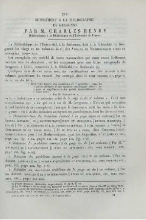 Supplément a la bibliographie de Gergonne.