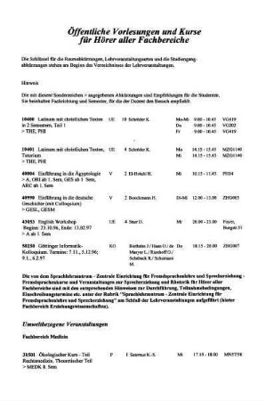 Öffentliche Vorlesungen und Kurse für Hörer aller Fachbereiche