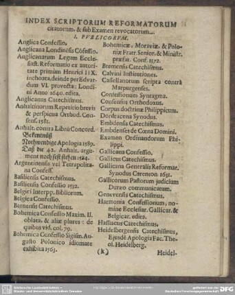 Index Scriptorum Reformatorum citatorum, & sub Examen revocatorum