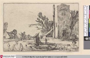 [Gefrorener Fluss links eines quadratischen Turmes; Frozen River to left of a square Tower]