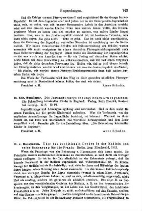 743-744, D. v. Hansemann. Über das konditionale Denken in der Medizin und seine Bedeutung für die Praxis. 1912