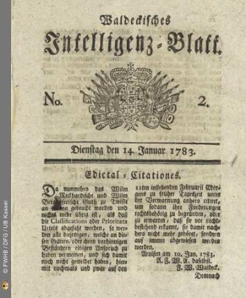 No. 2, Dienstag den 14.Januar 1783