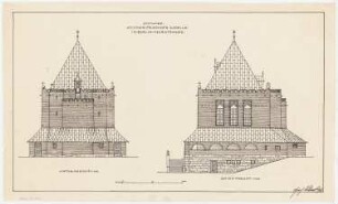 Friedhof Heerstraße, Berlin Feierhalle. Vorentwurf: Aufriss Rückansicht, Seitenansicht 1:100