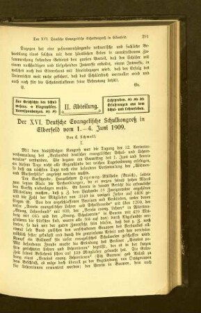¬Der¬ XVI. Deutsche Evangelische Schulkongreß in Elberfeld vom 1.-4. Juni 1909