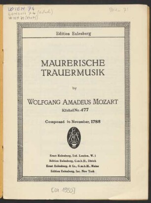Maurerische Trauermusik : Köchel No. 477