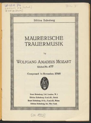 Maurerische Trauermusik : Köchel No. 477