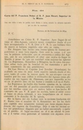 Núm. 124. Carta del P. Francisco Nebot al R. P. Juan Ricart, Superior de la Misión
